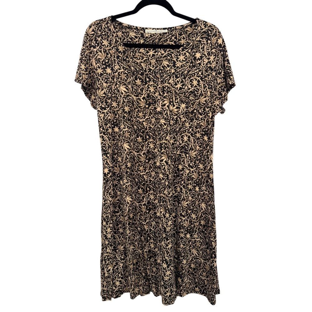 Peruvian Connection Dress Large Black Tan Floral Pima‎ Cotton Modal Short Sleeve